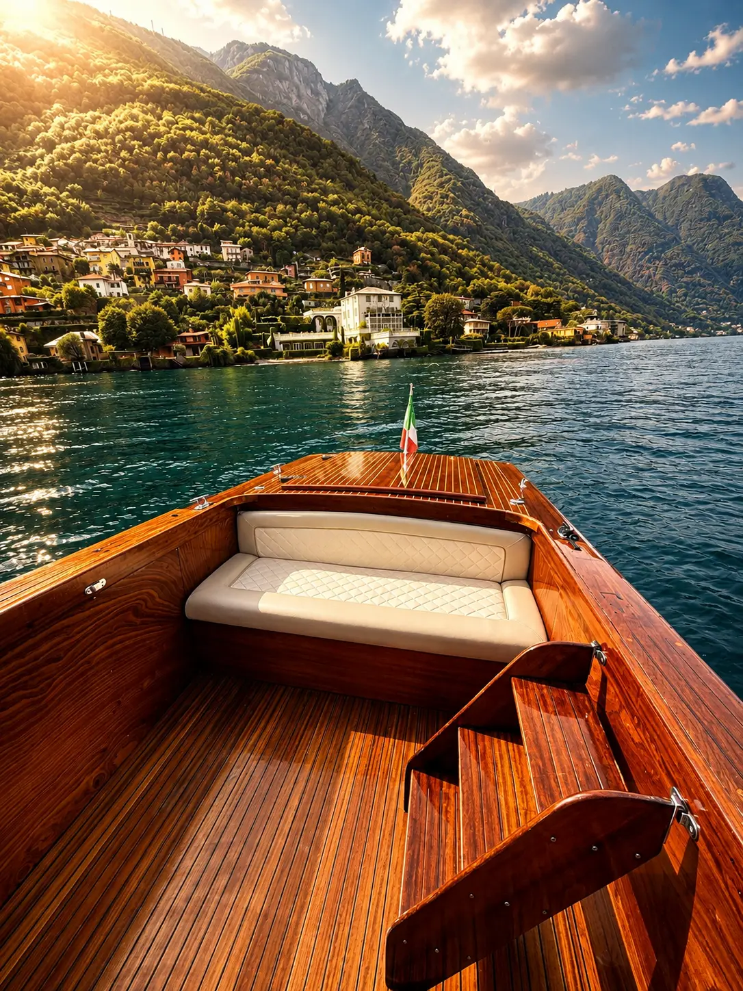 Mahogany deck detail of a Venetian taxi boat on Lake Como
